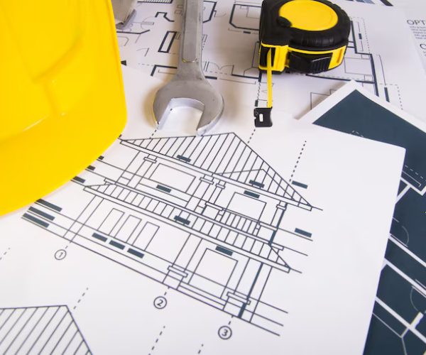 engineer-workplace-with-blueprints-protractor-safety-helmet_1150-2278